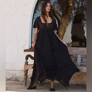NWOT Free People Bring The Romance Black Lace Ruffle Babydoll Midi Dress size XS